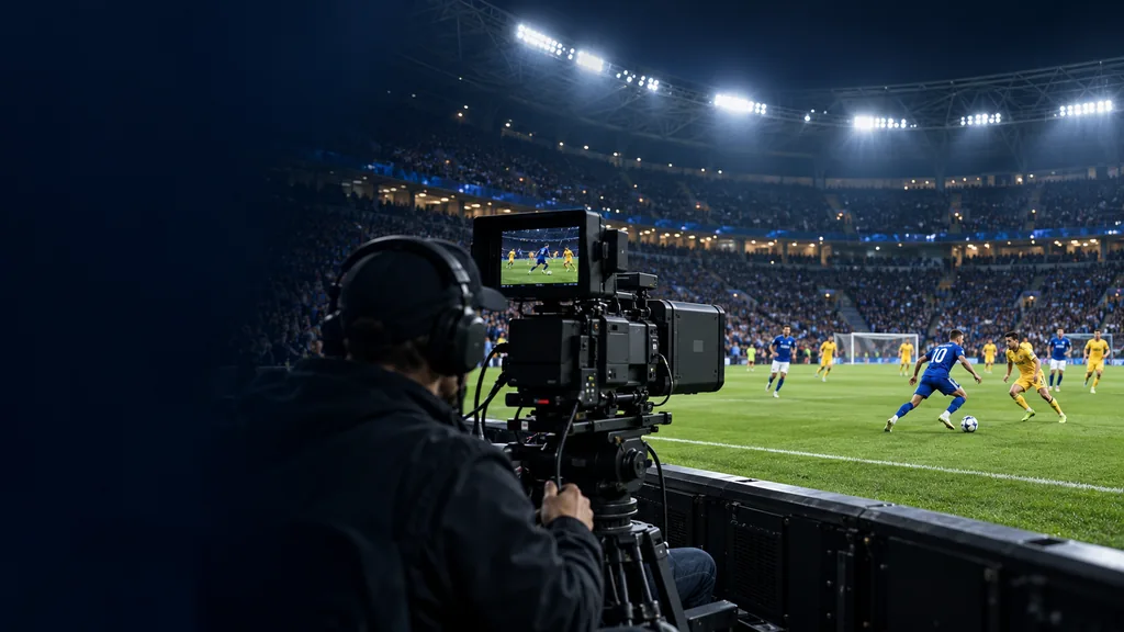 Live broadcast camera and operator covering a football match in a stadium.