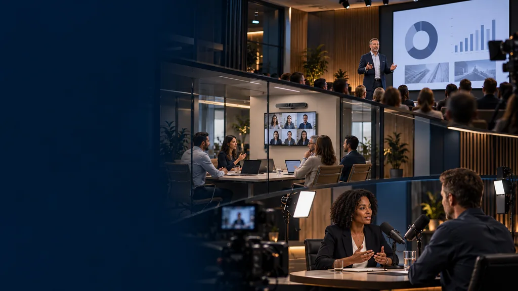 Corporate town hall, filmed conference room and videocast recording in a corporate environment.