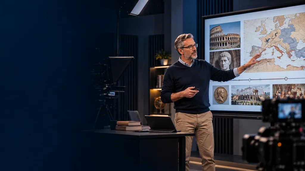 Professor presenting a history lesson on a teaching screen in a production studio.