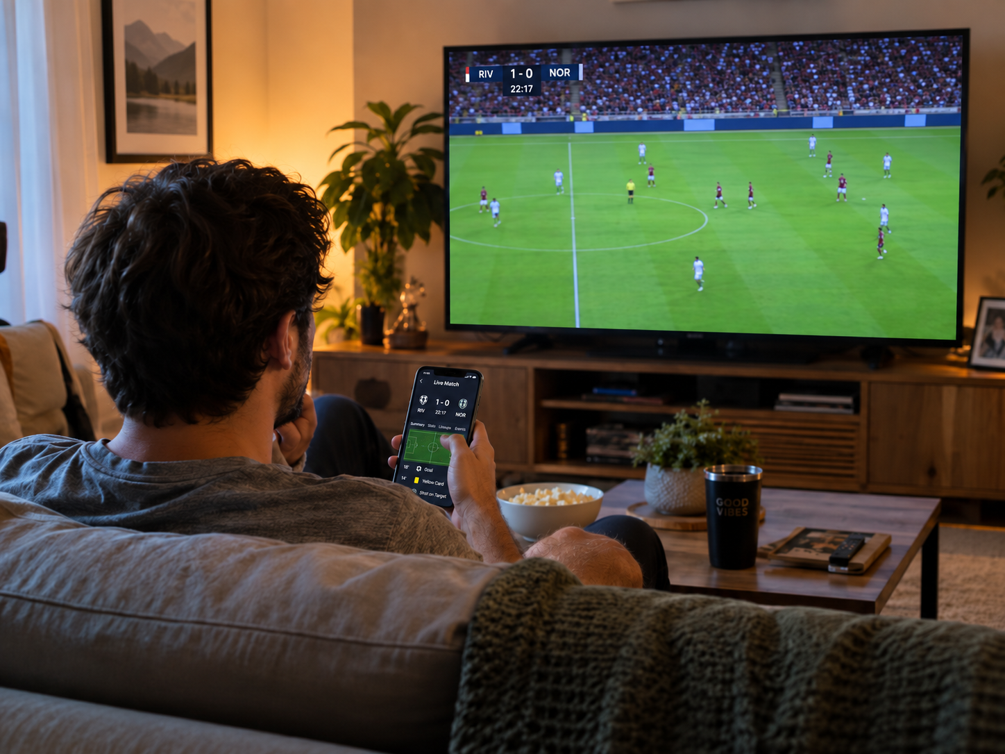 Fan watching a live sports match on TV while following stats on a phone.