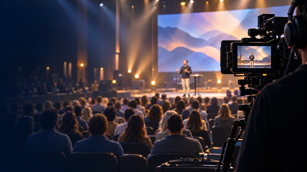 Live broadcast camera covering a worship service with a lit stage and congregation.